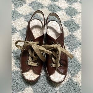 FLY LONDON Ylva Leather Wedge Pump Sandals Lace-up Brown Size 40, US 9-9.5